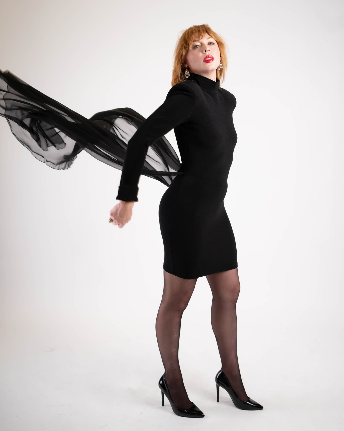 Dana Deatheridge black bodycon mini with sheer train!