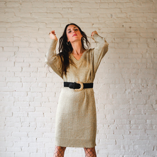 Gold metallic vneck sweater dress