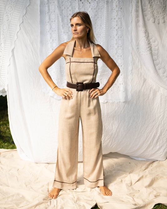 Heather brown open back jumpsuit w leather details