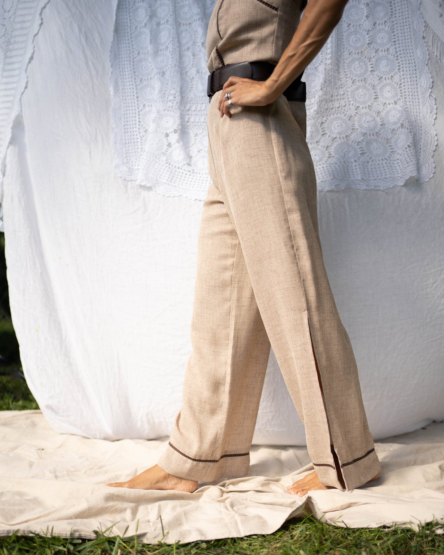 Heather brown open back jumpsuit w leather details