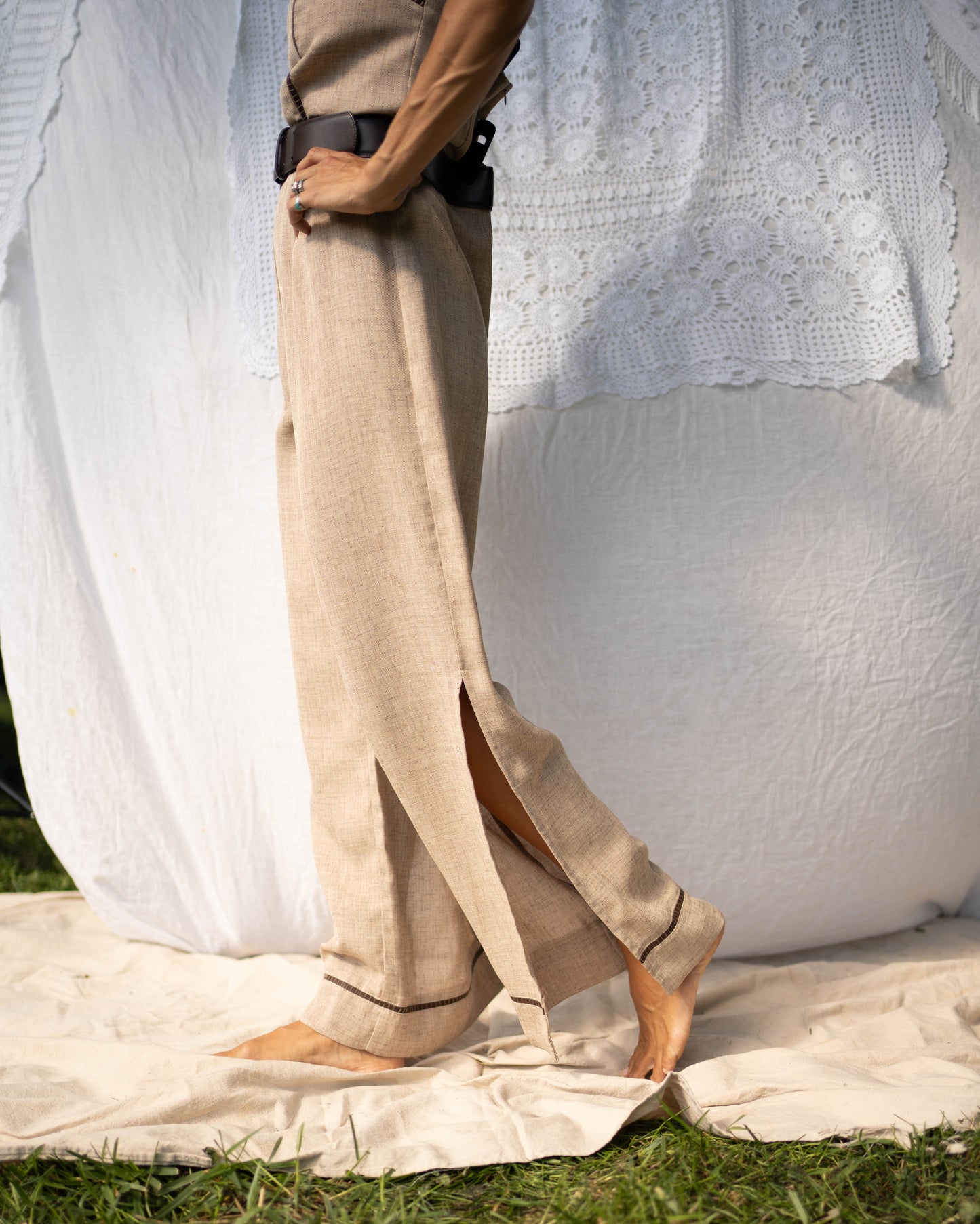 Heather brown open back jumpsuit w leather details
