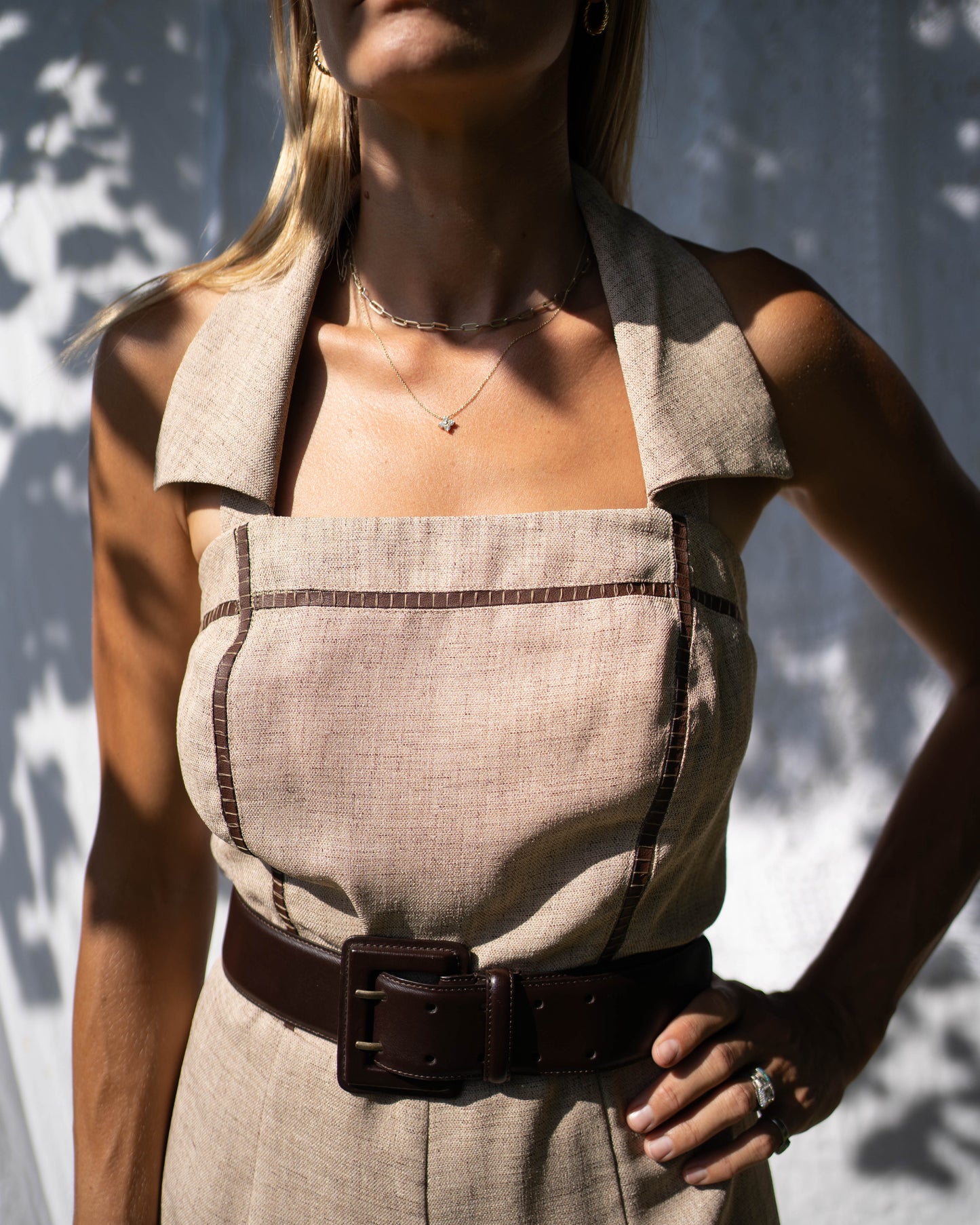 Heather brown open back jumpsuit w leather details