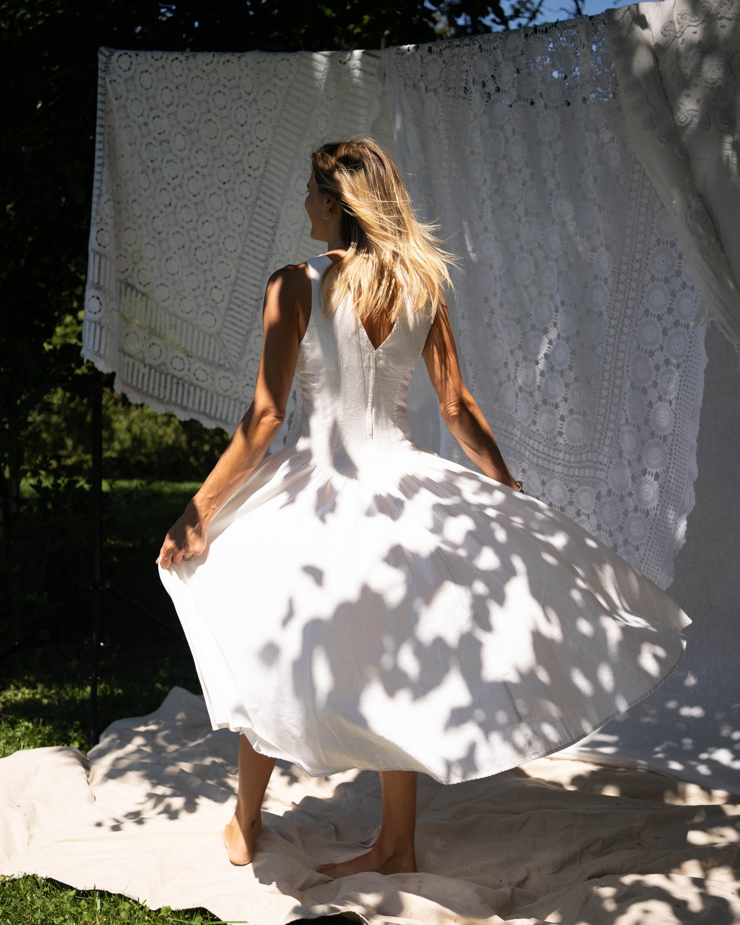 White ramie cutwork-front drop waist dress