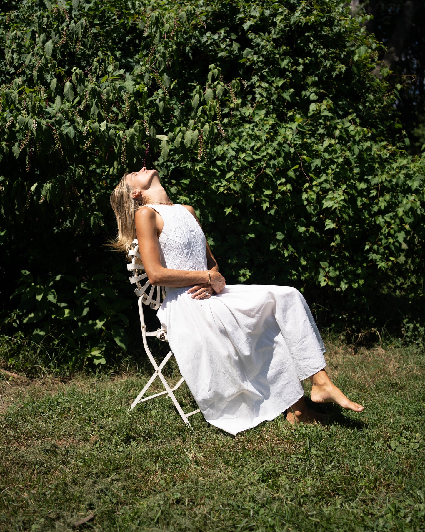 White ramie cutwork-front drop waist dress