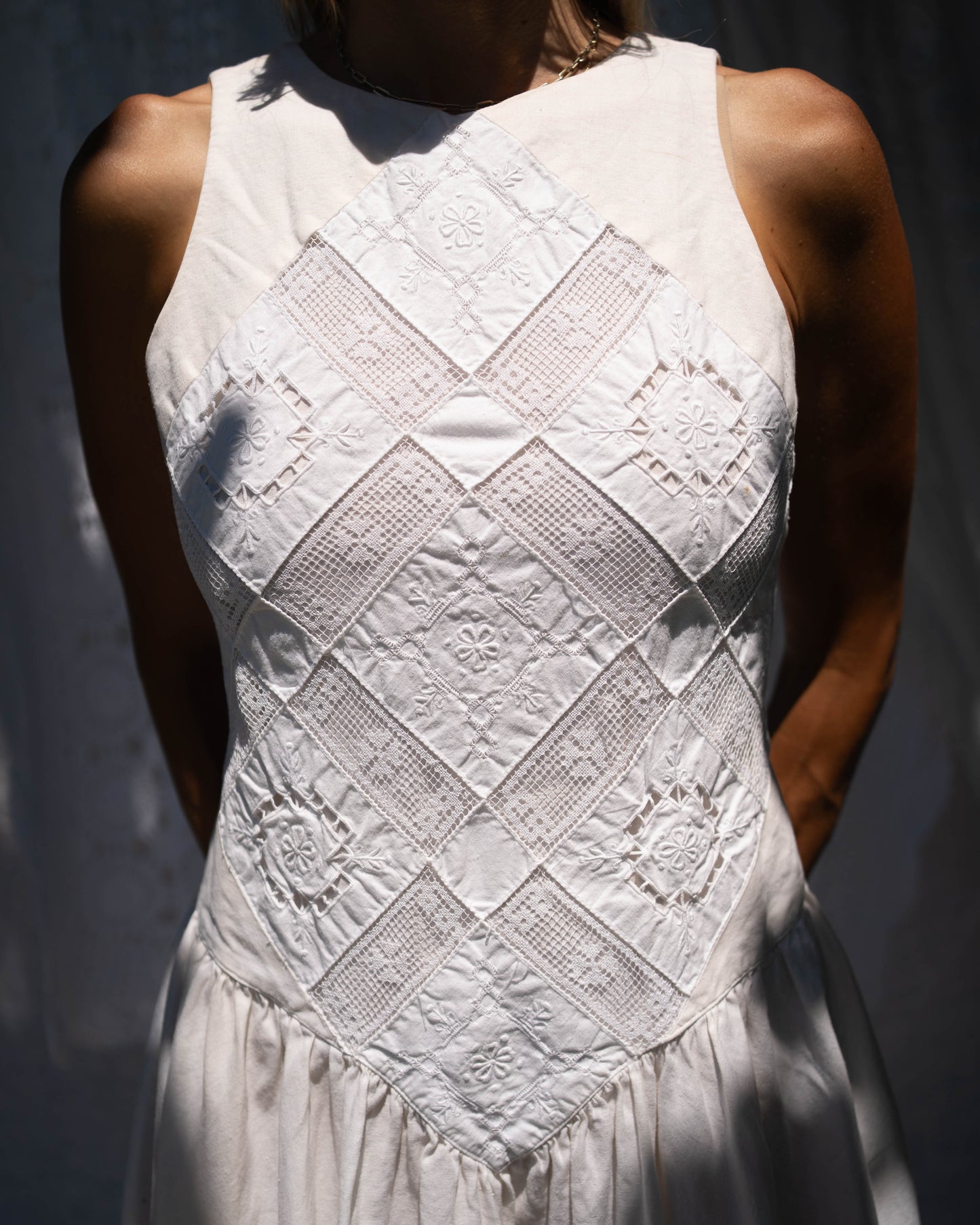White ramie cutwork-front drop waist dress