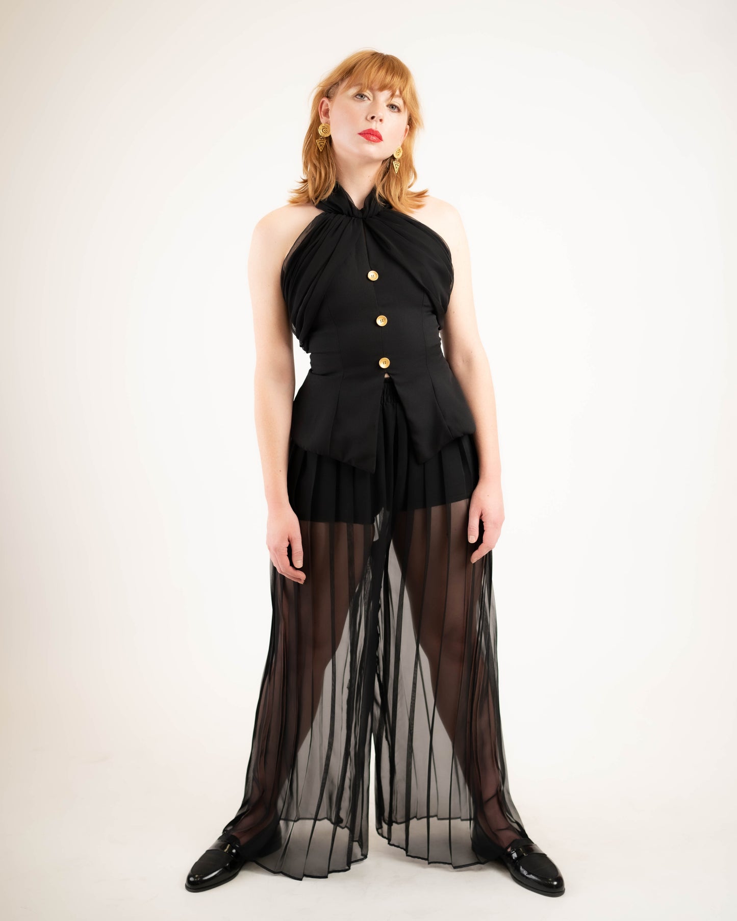 Sheer detail halter top w gold buttons