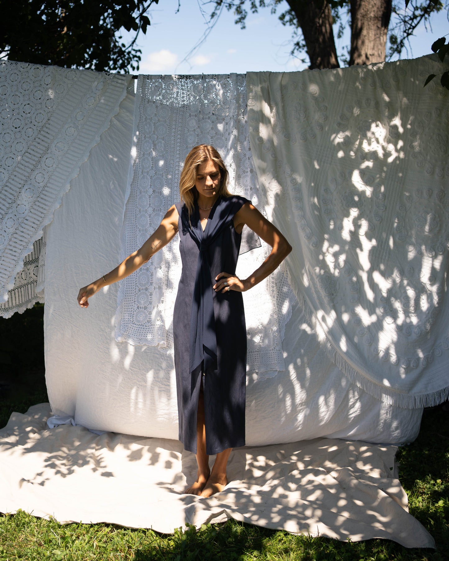 Navy linen button-front dress with silk shawl