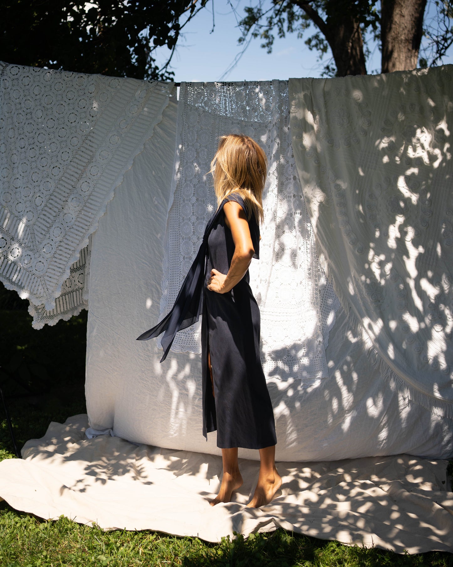 Navy linen button-front dress with silk shawl