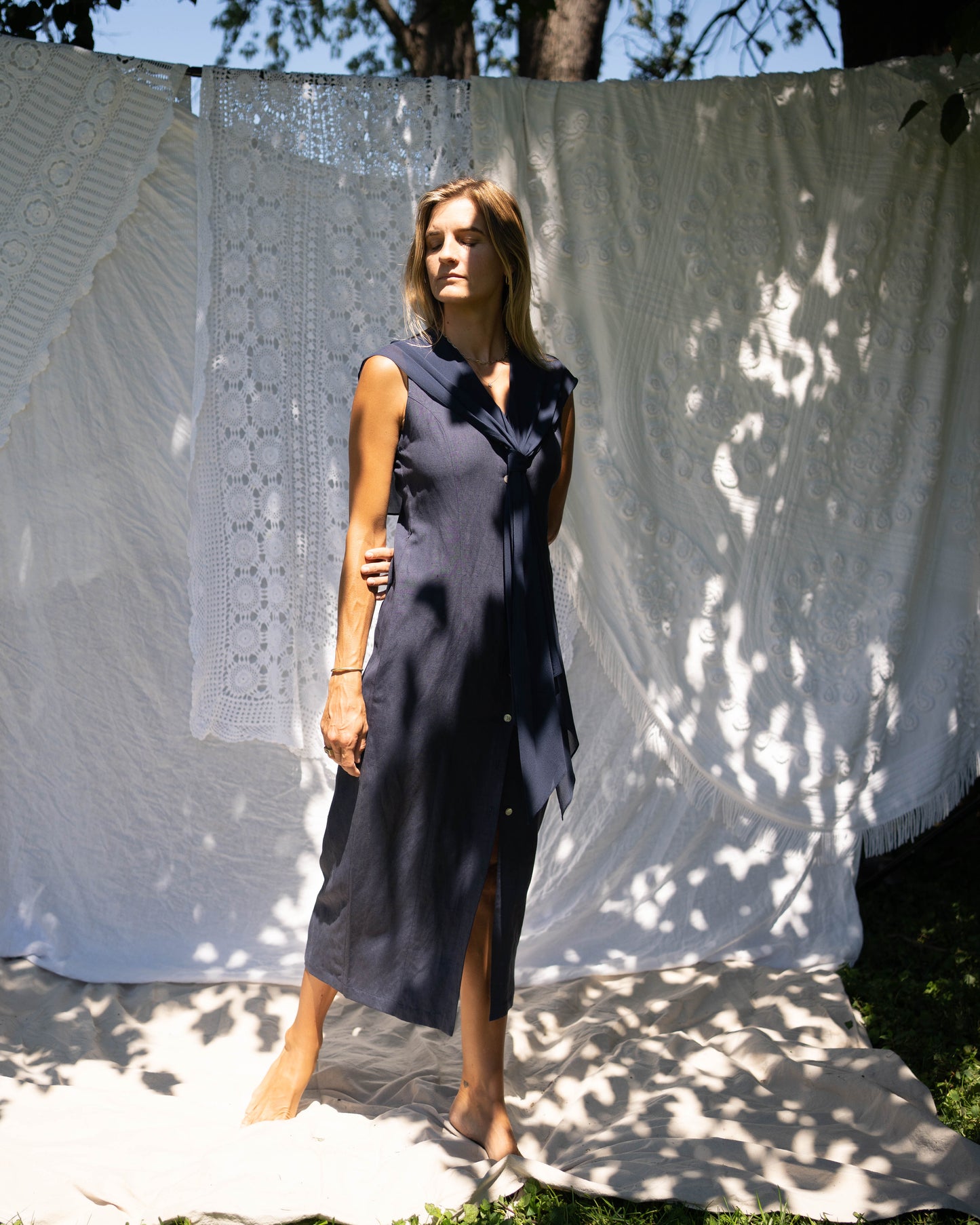Navy linen button-front dress with silk shawl