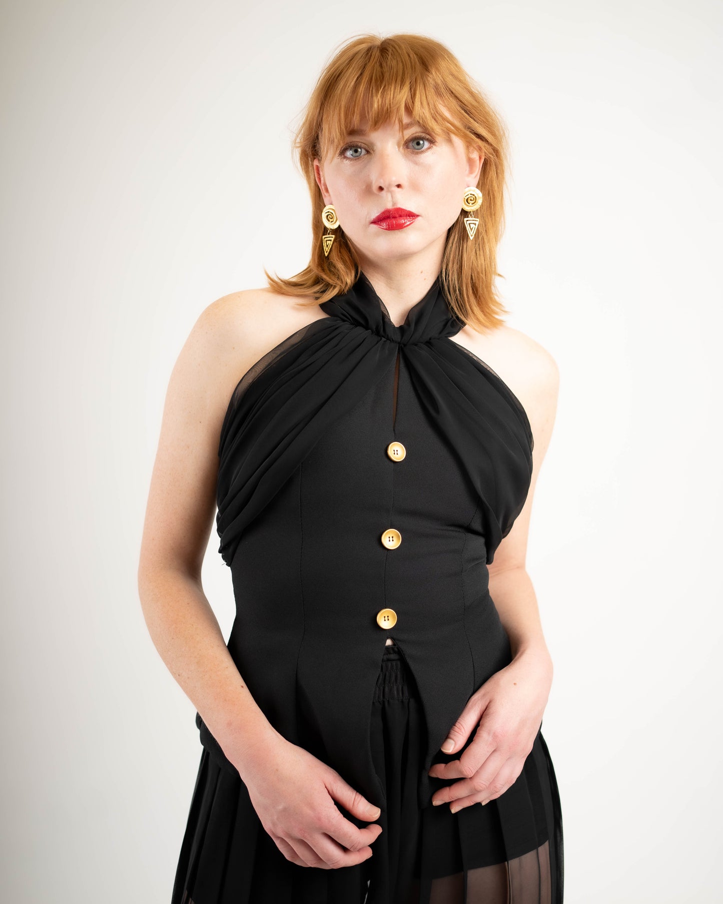 Sheer detail halter top w gold buttons