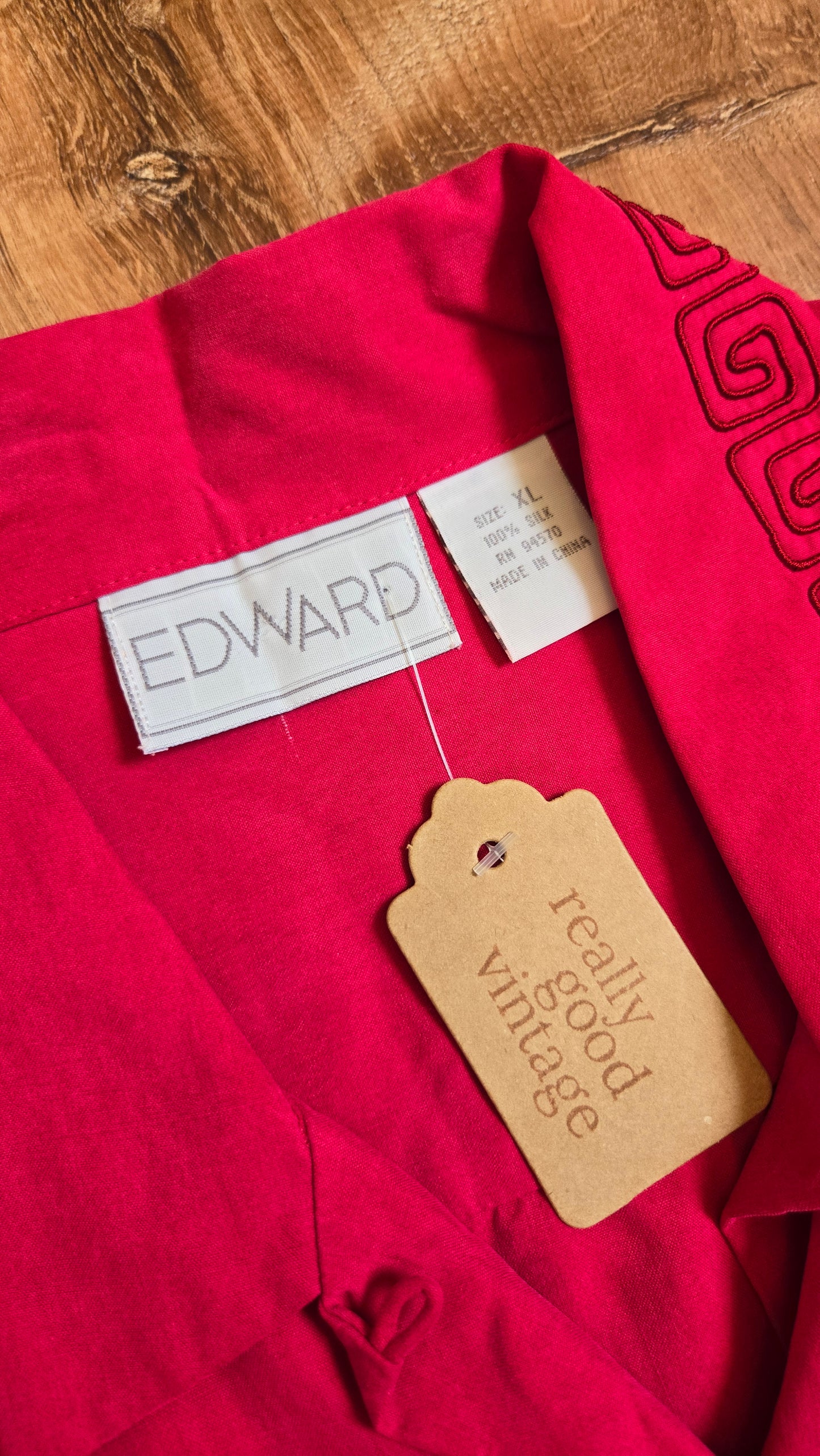 Edwards magenta silk greek key blouse