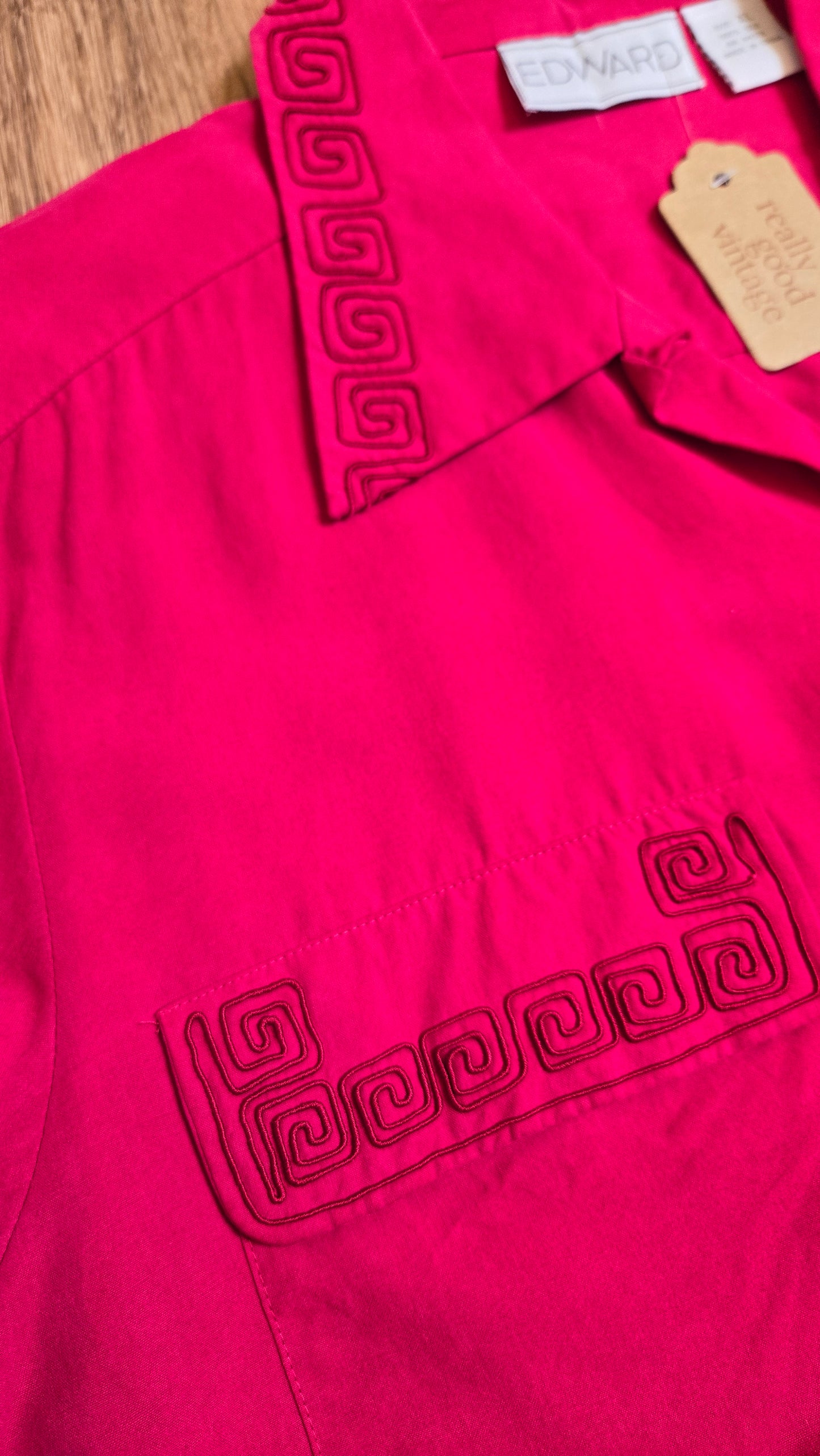 Edwards magenta silk greek key blouse