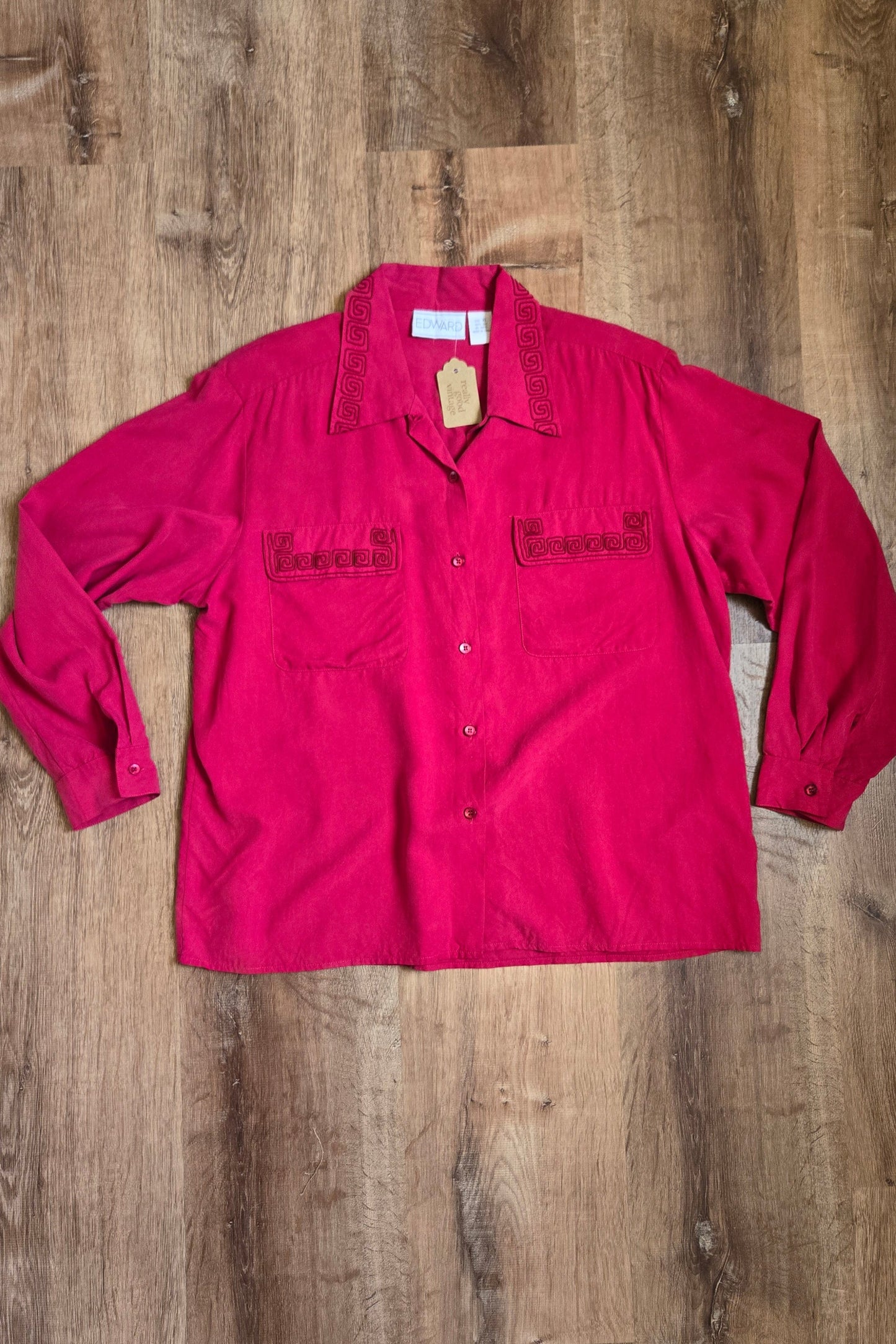 Edwards magenta silk greek key blouse