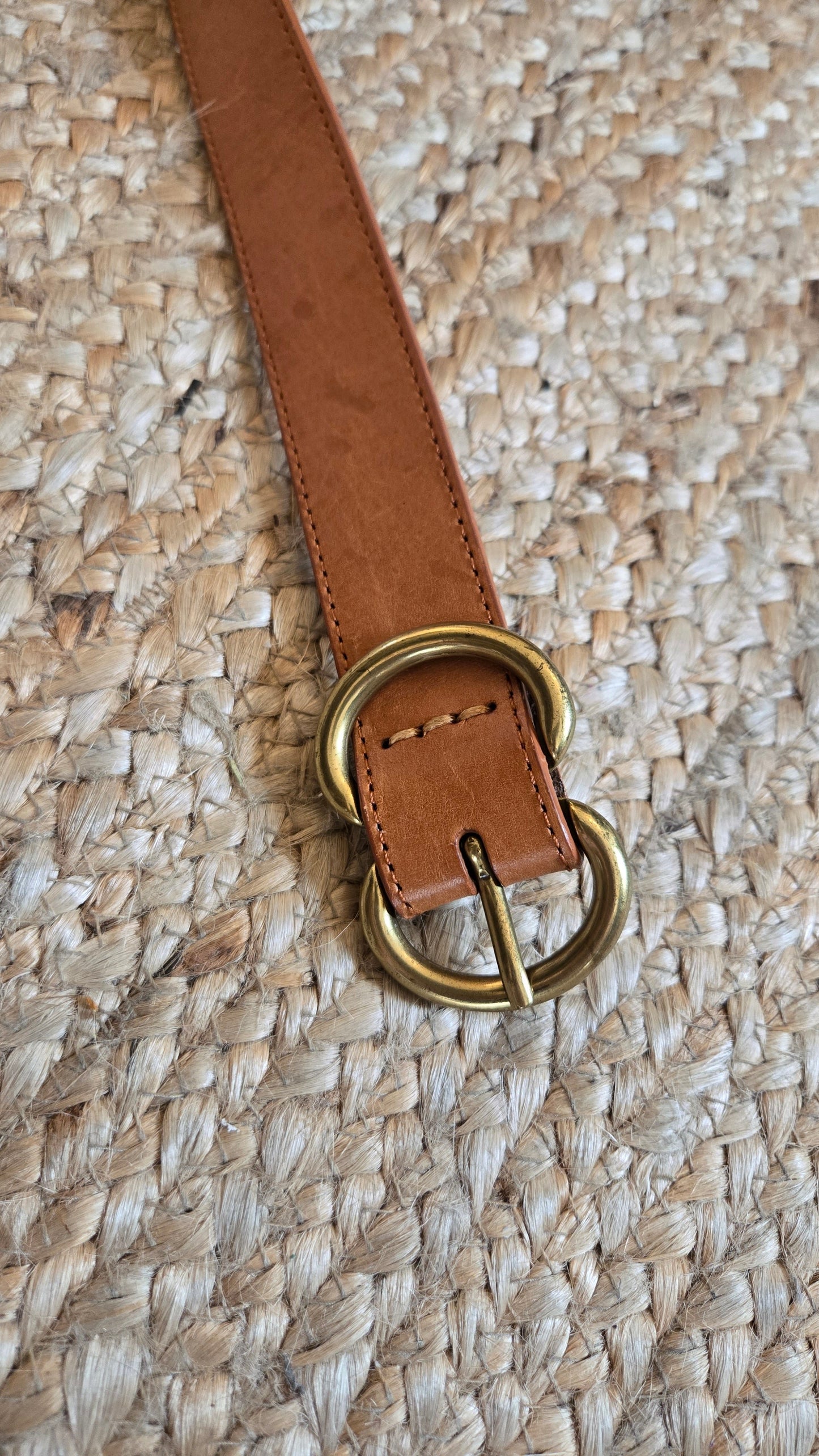 Camel leather belt with double circle brass buckle