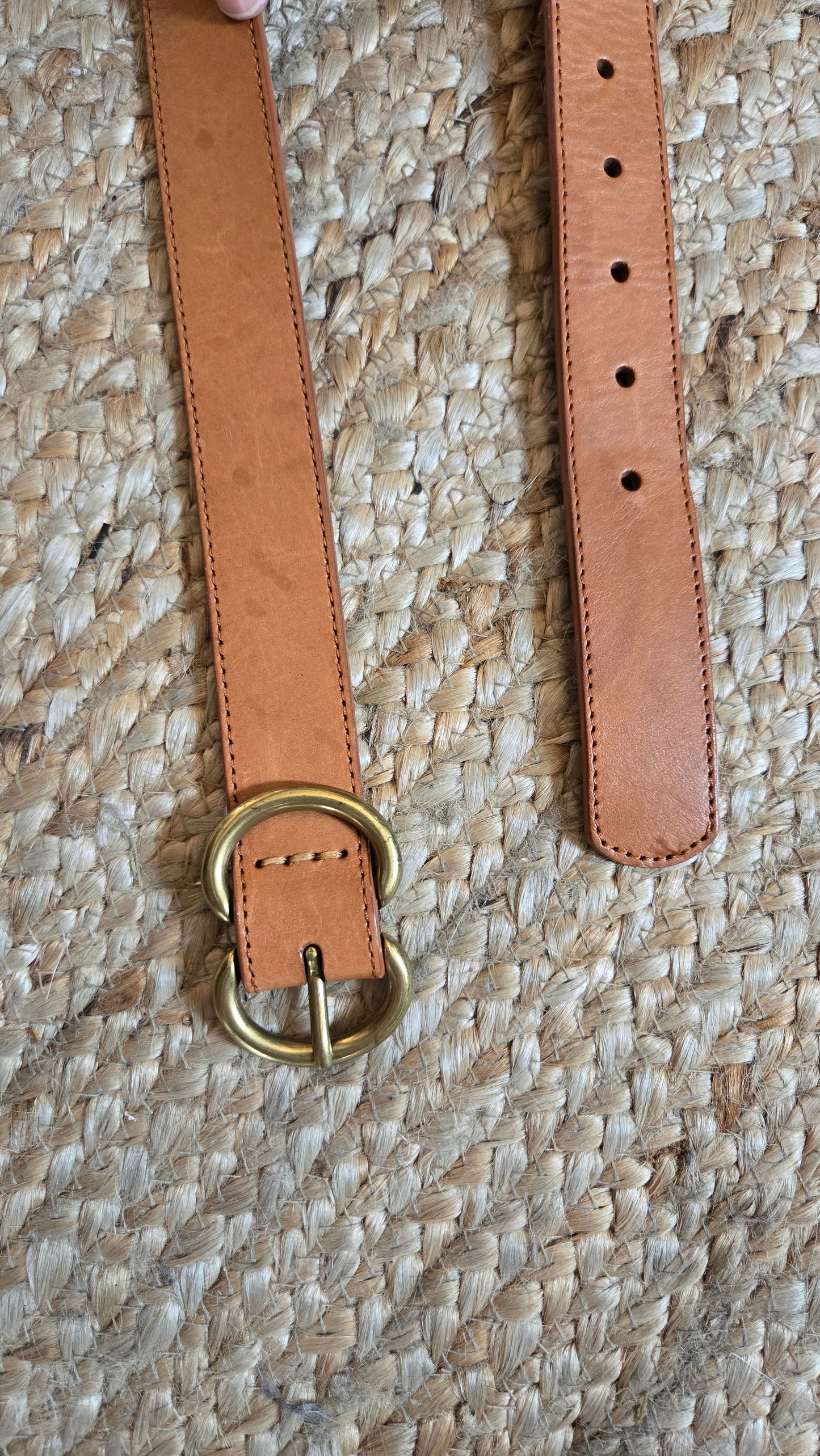 Camel leather belt with double circle brass buckle