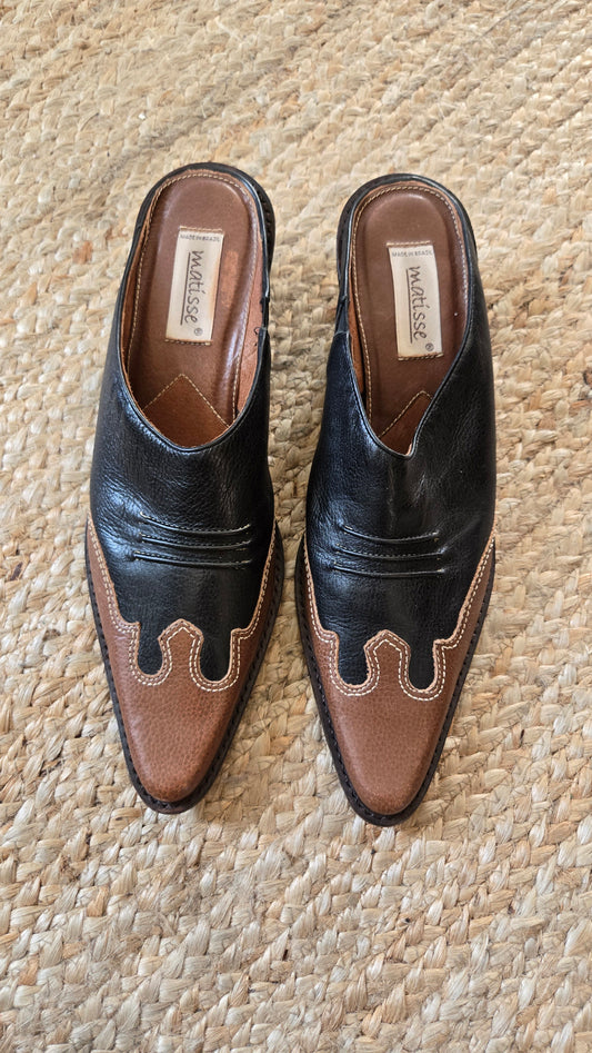 Matisse black & brown leather cowboy mules