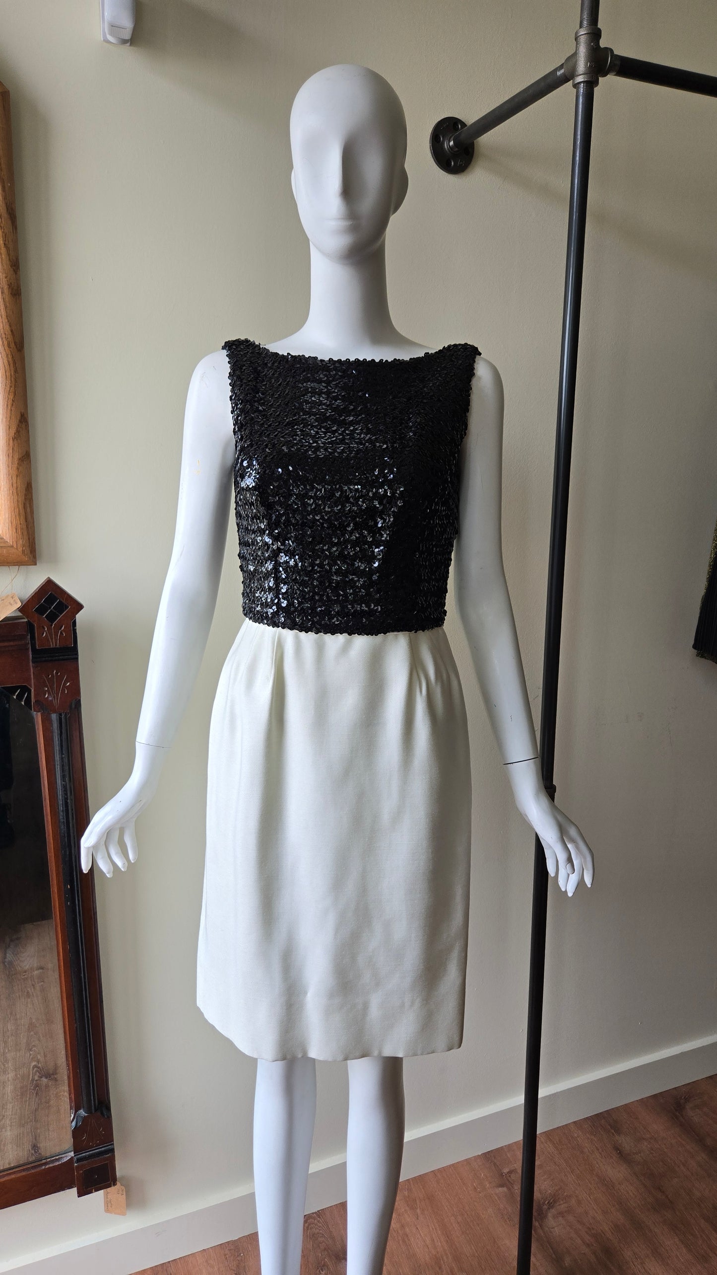 60s black sequin, ivory silk open back dress