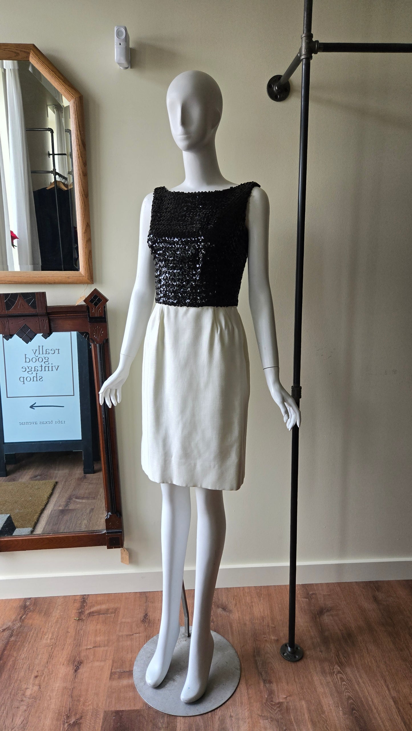 60s black sequin, ivory silk open back dress