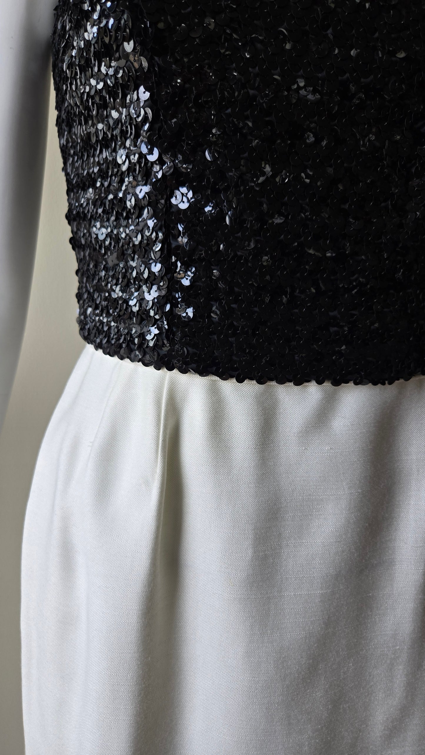 60s black sequin, ivory silk open back dress