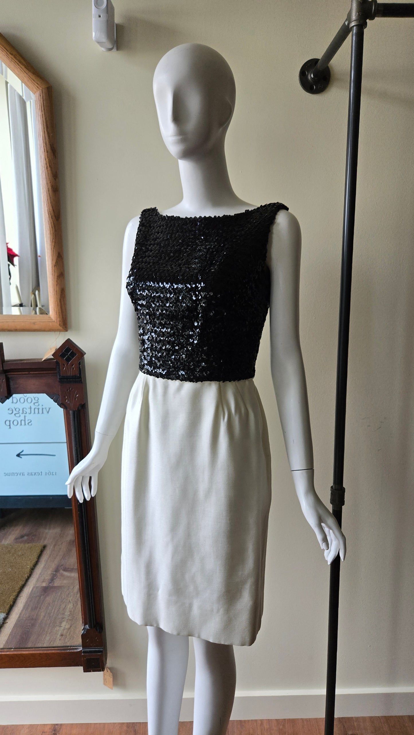 60s black sequin, ivory silk open back dress