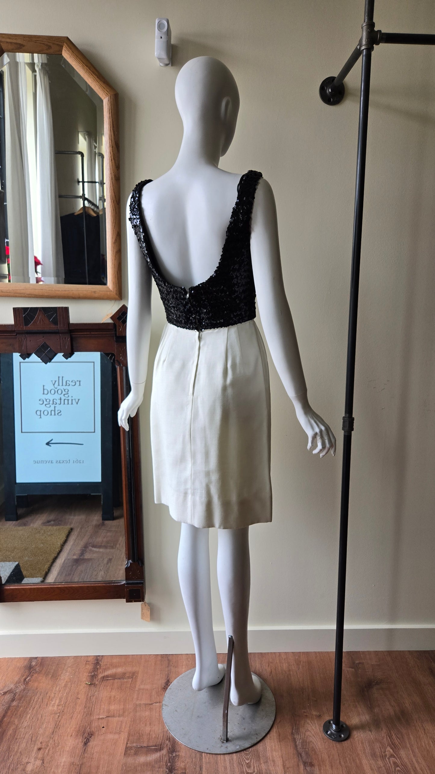 60s black sequin, ivory silk open back dress