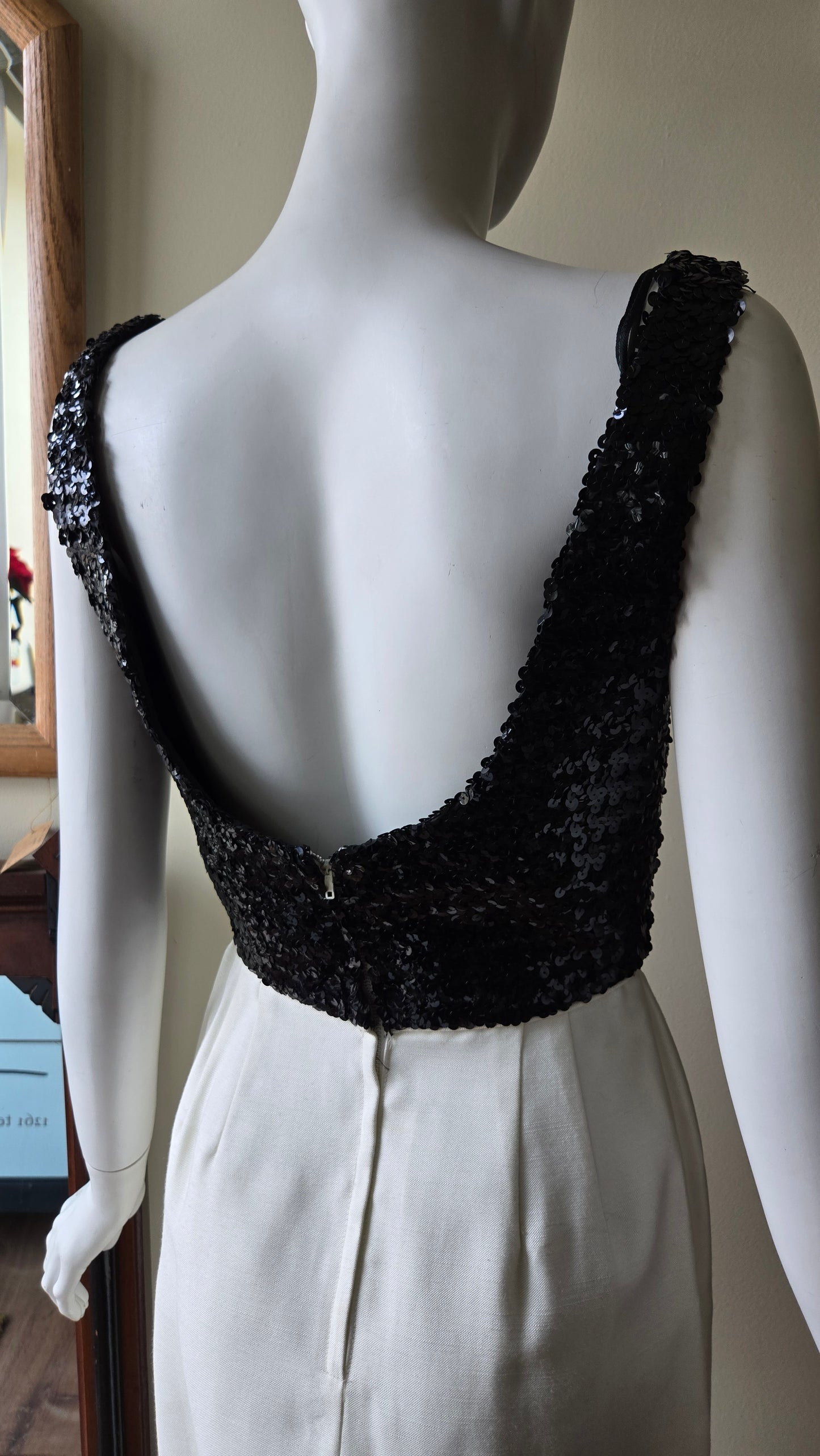 60s black sequin, ivory silk open back dress