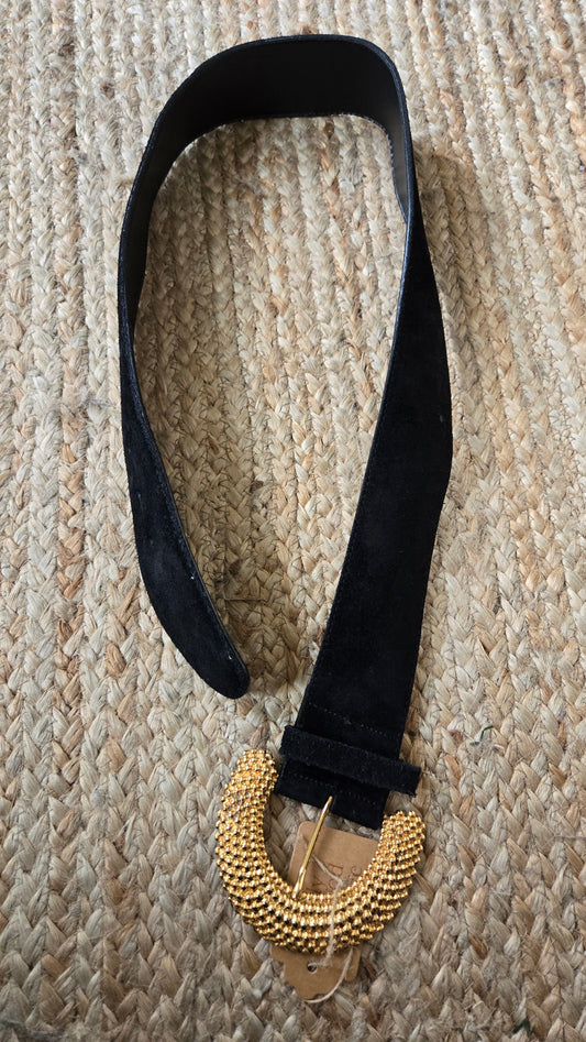 Wide black suede belt gold buckle