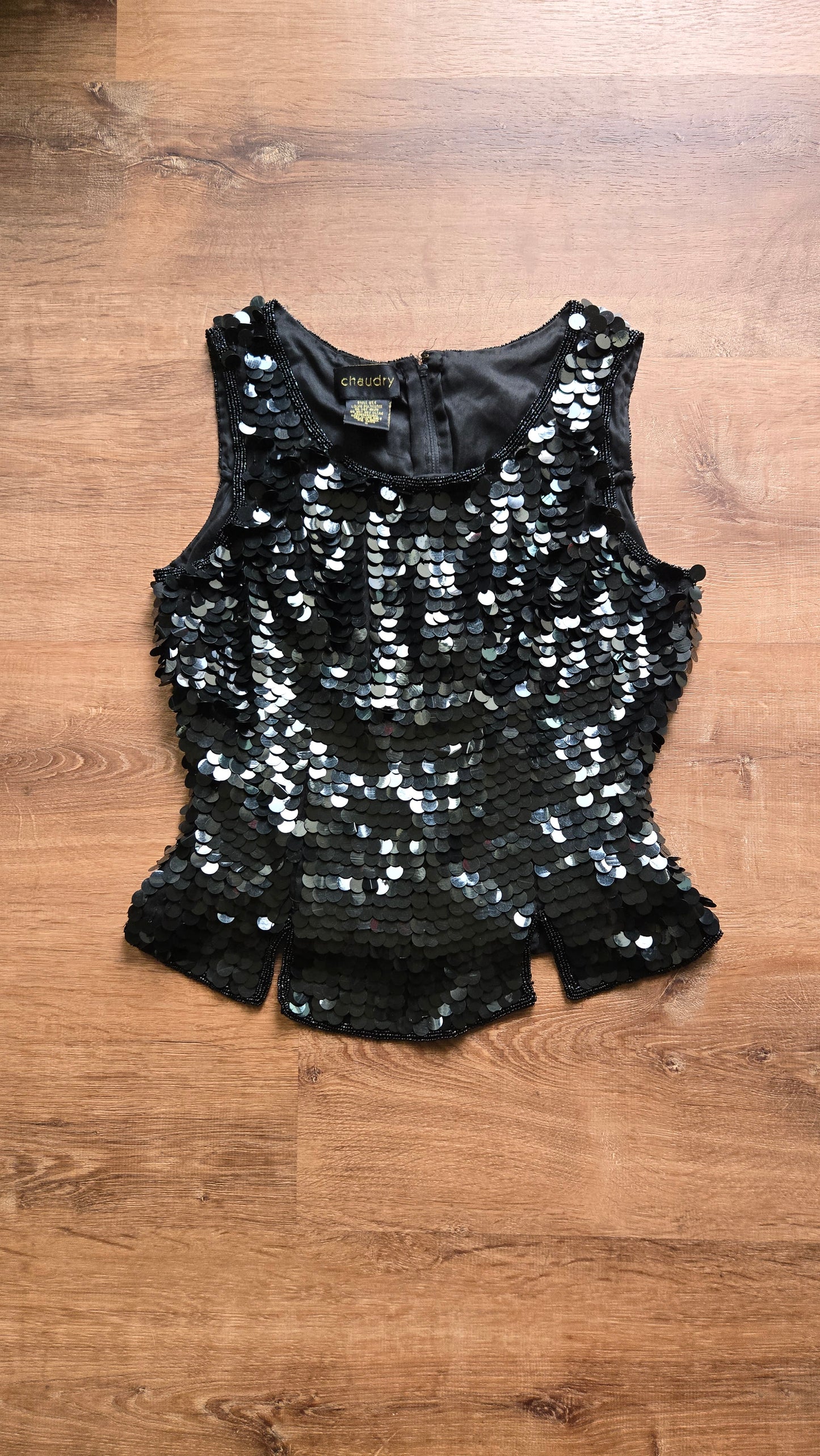 Black silk paillette sequin top