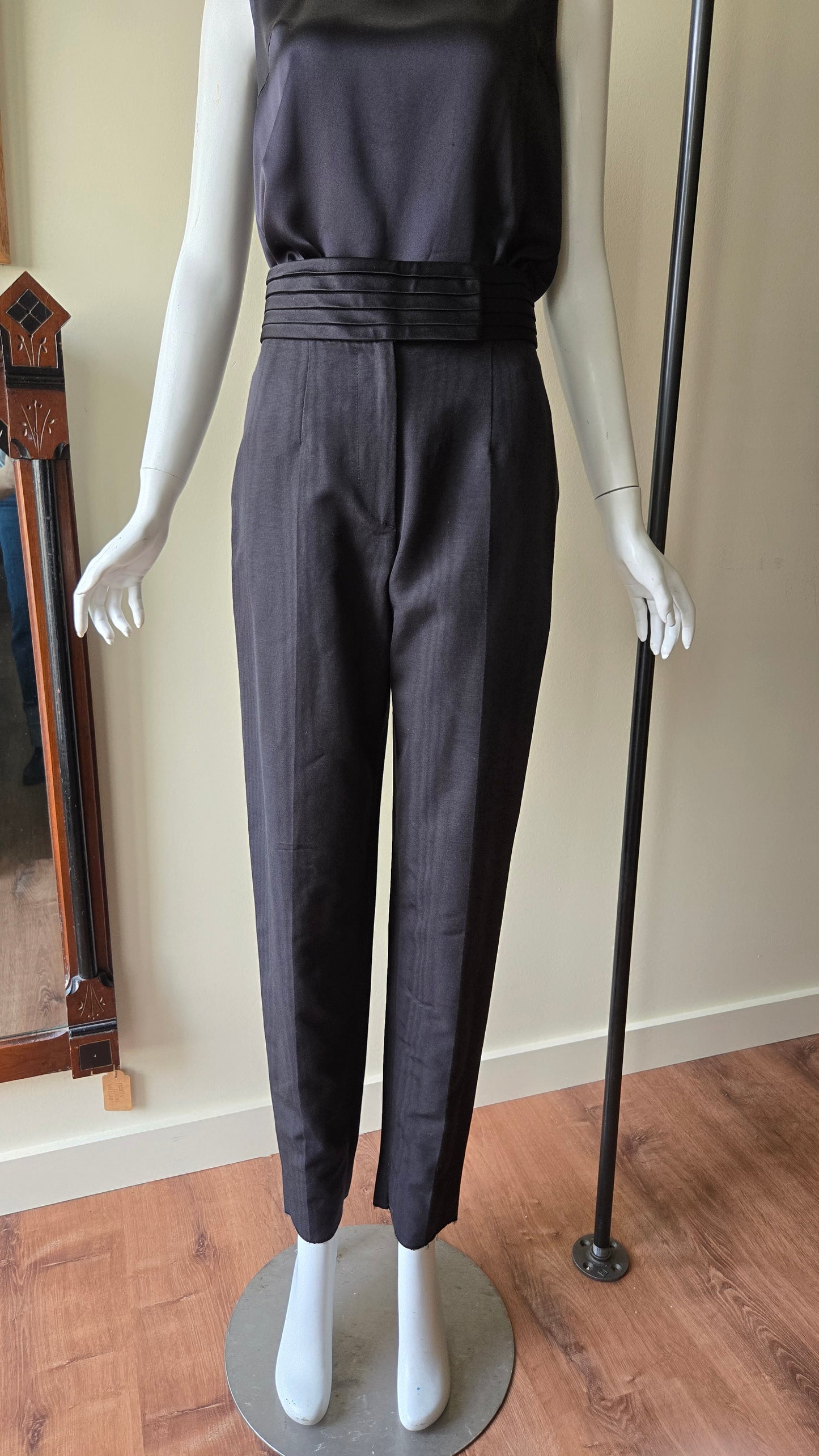 Gianfranco Ferre black woodgrain tuxedo pants with cummerbund