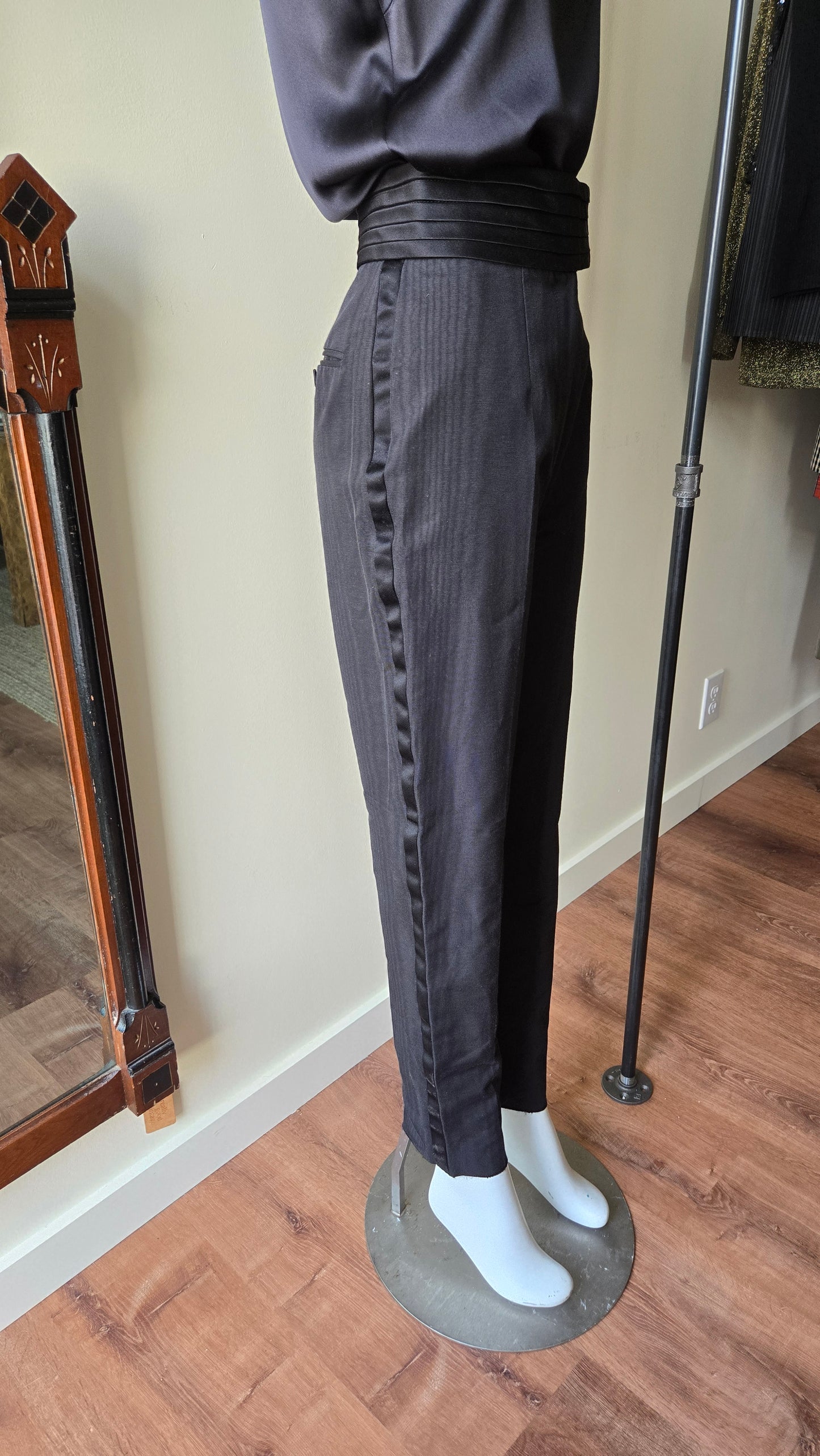 Gianfranco Ferre black woodgrain tuxedo pants with cummerbund