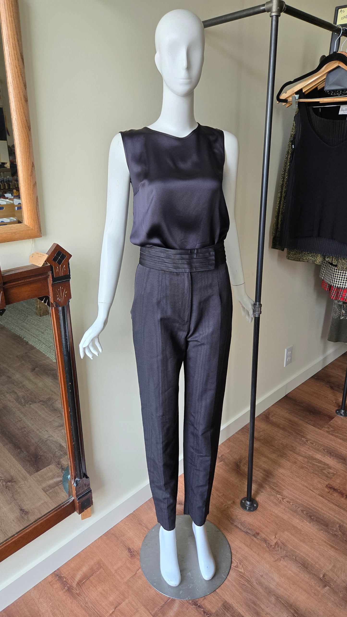 Gianfranco Ferre black woodgrain tuxedo pants with cummerbund