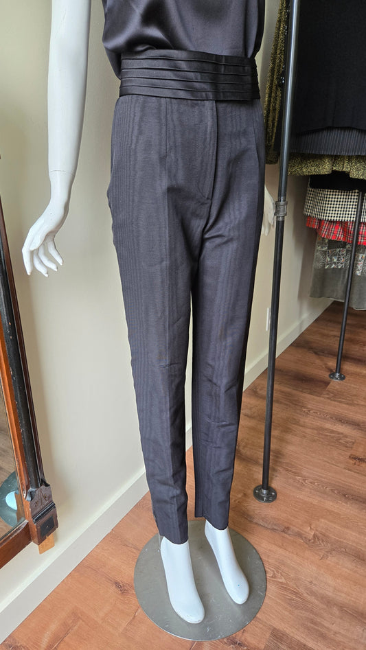 Gianfranco Ferre black woodgrain tuxedo pants with cummerbund