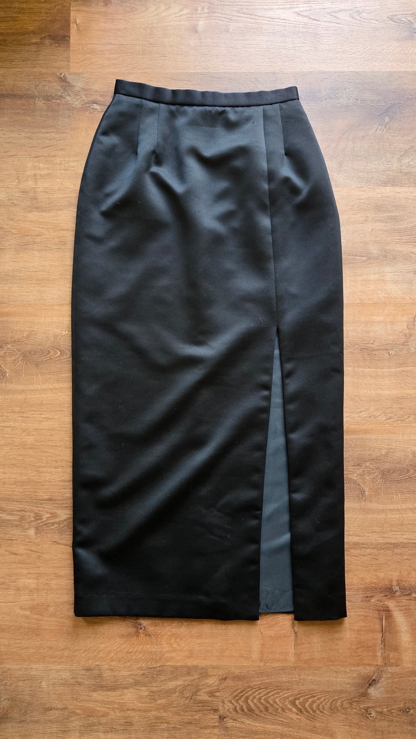 Black satin column skirt w slit