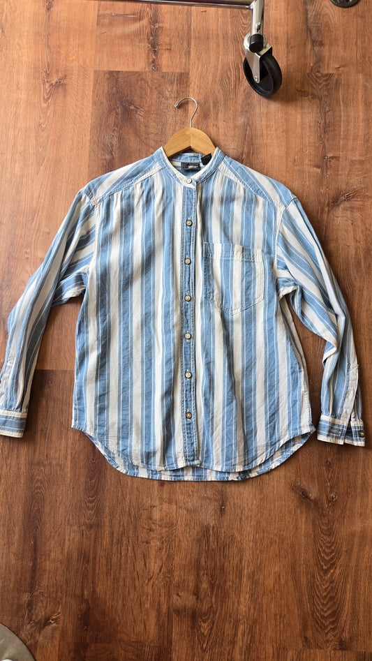 Lizwear blue/white striped collarless shirt