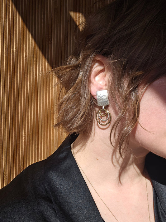 Hammered mix metal circle drop earrings