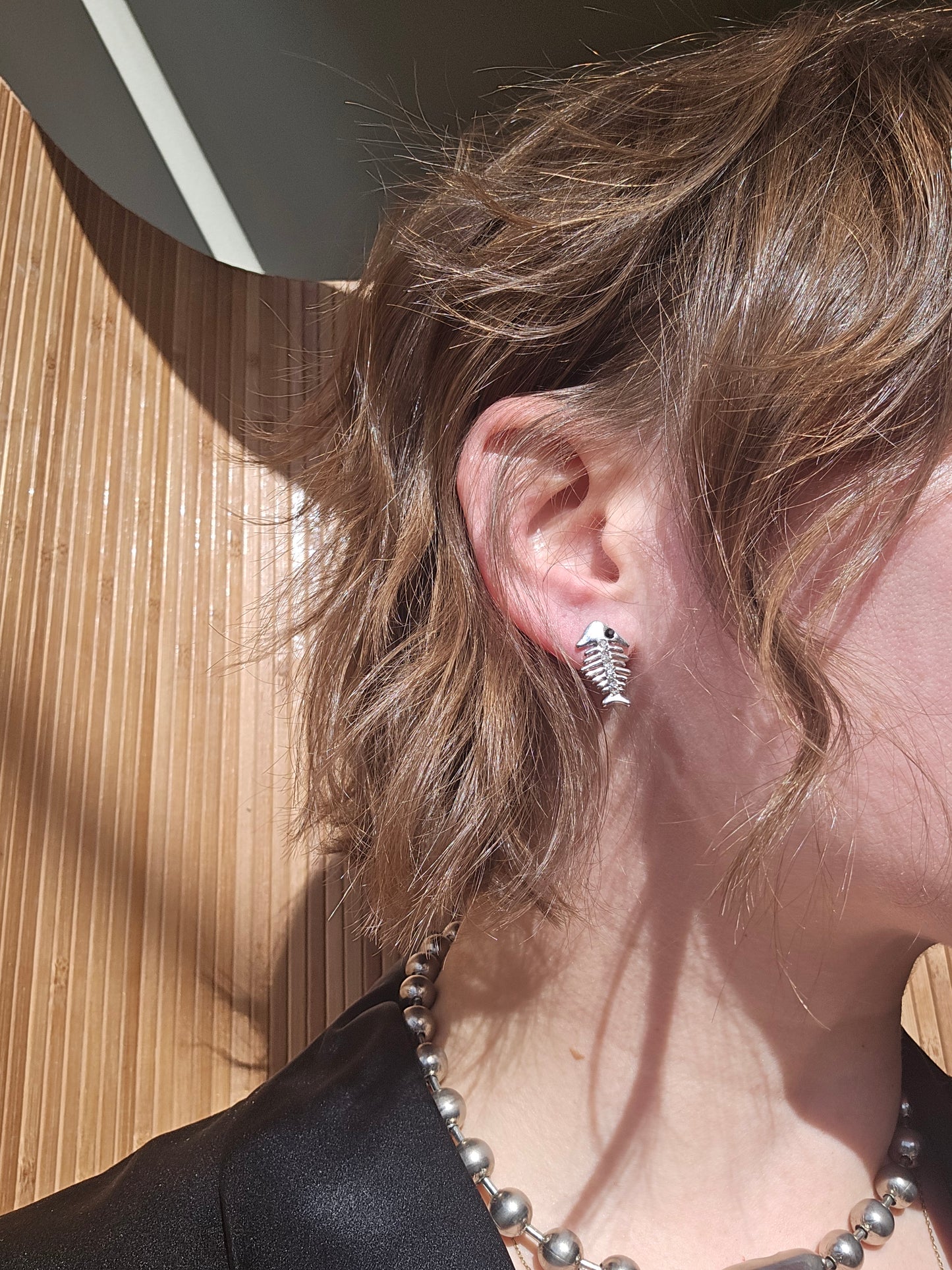 Silver rhinestone fish bone earrings