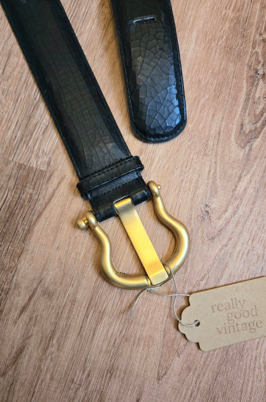 Gail Labelle black belt w oversized brushed gold buckle as is