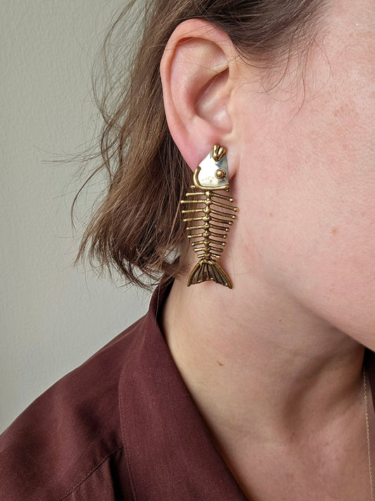 Modernist silver & gold fish bone earrings
