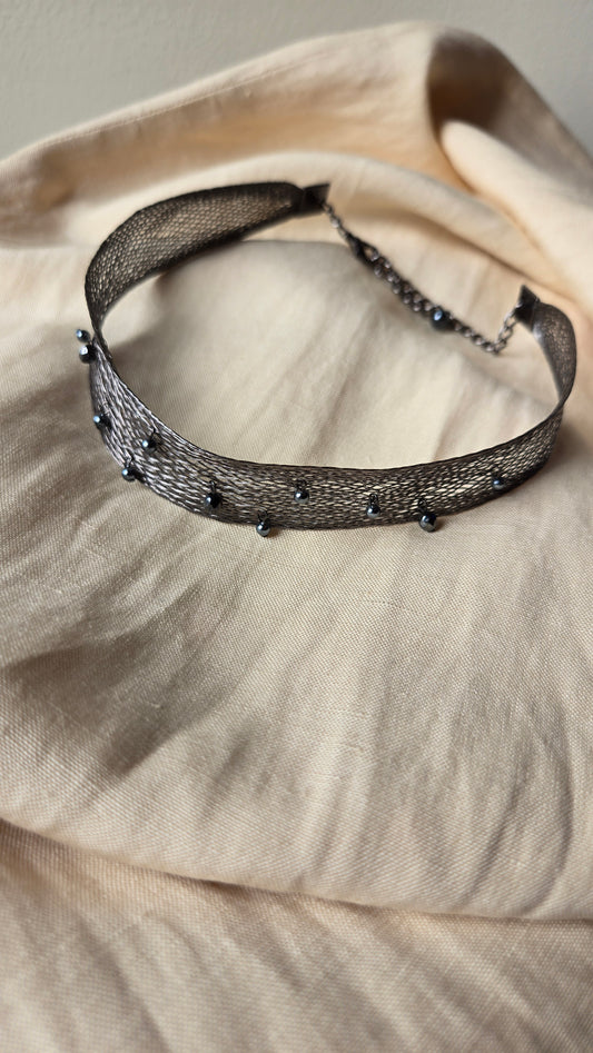 Silver metal mesh beaded choker