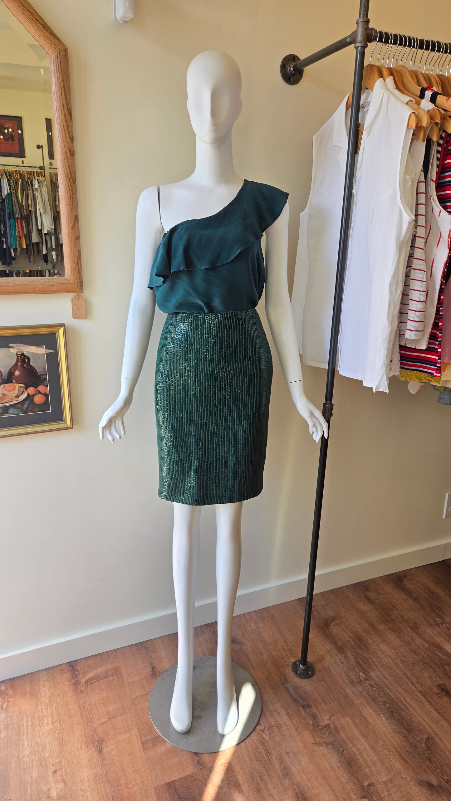 Forest green silk one shoulder top