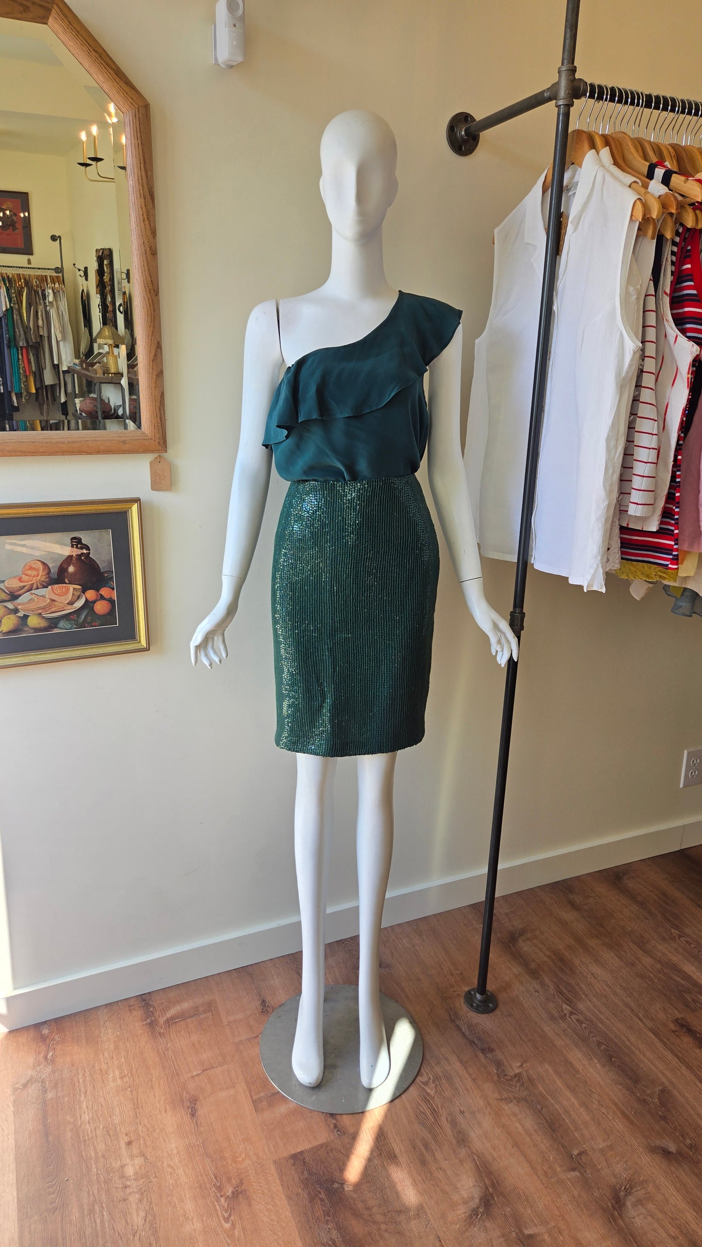 Forest green silk one shoulder top
