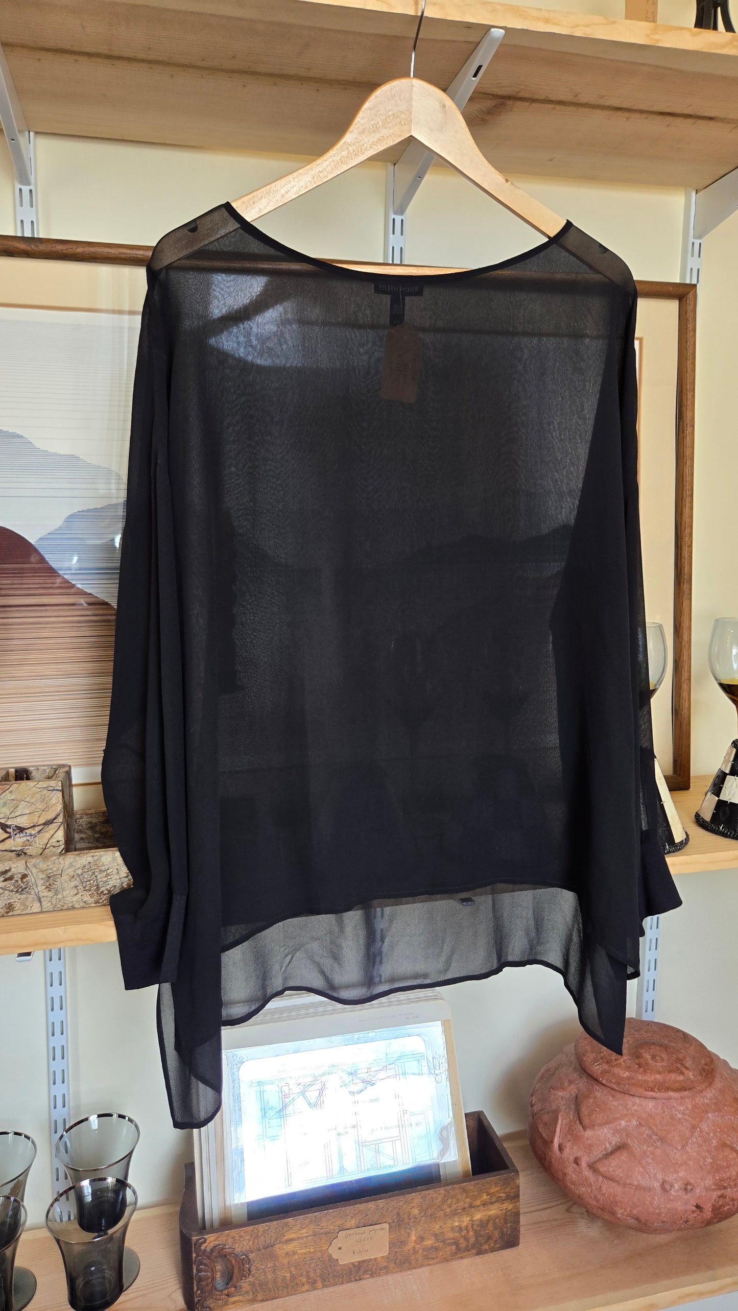 Eileen Fisher sheer black silk top