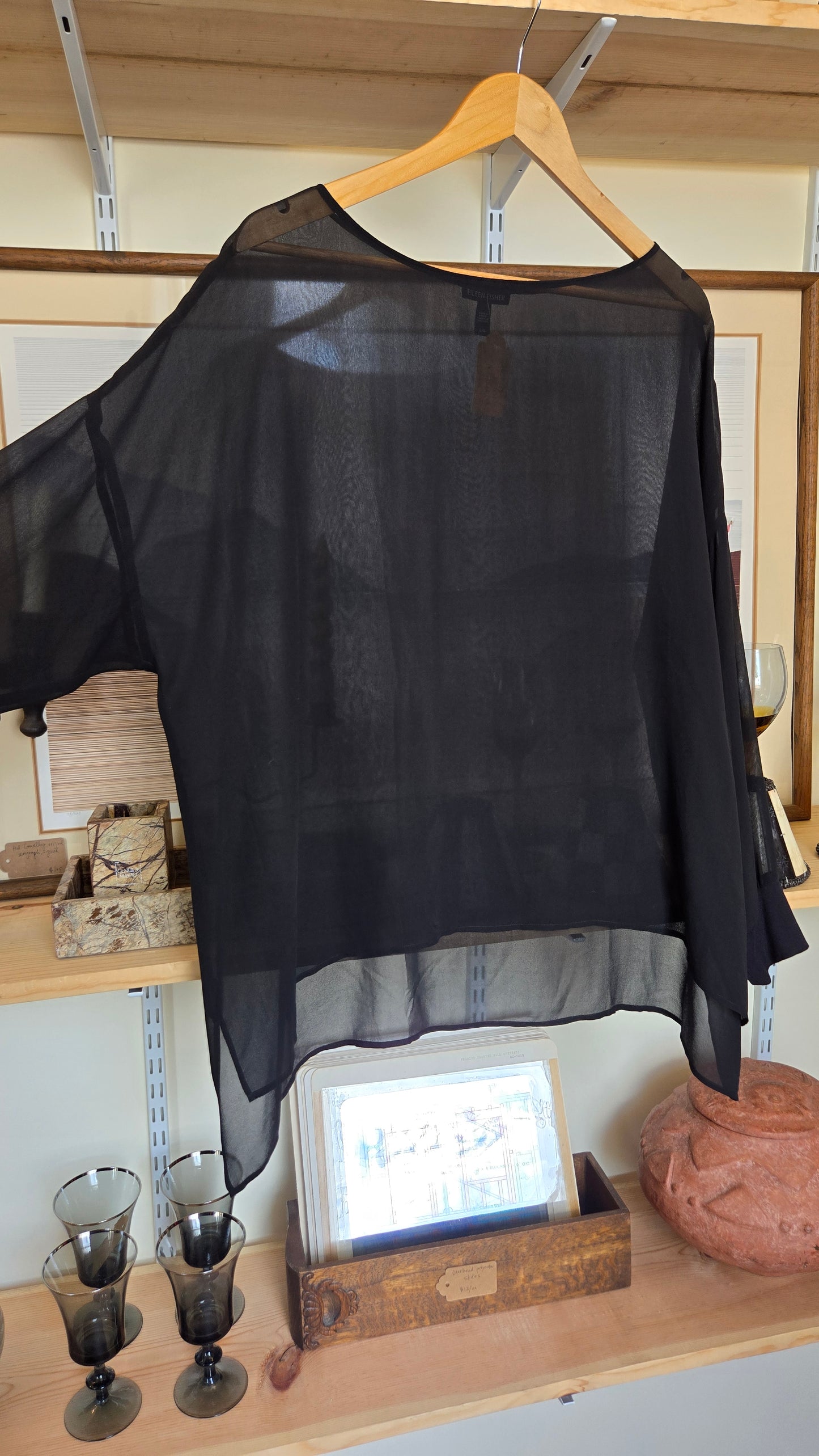 Eileen Fisher sheer black silk top