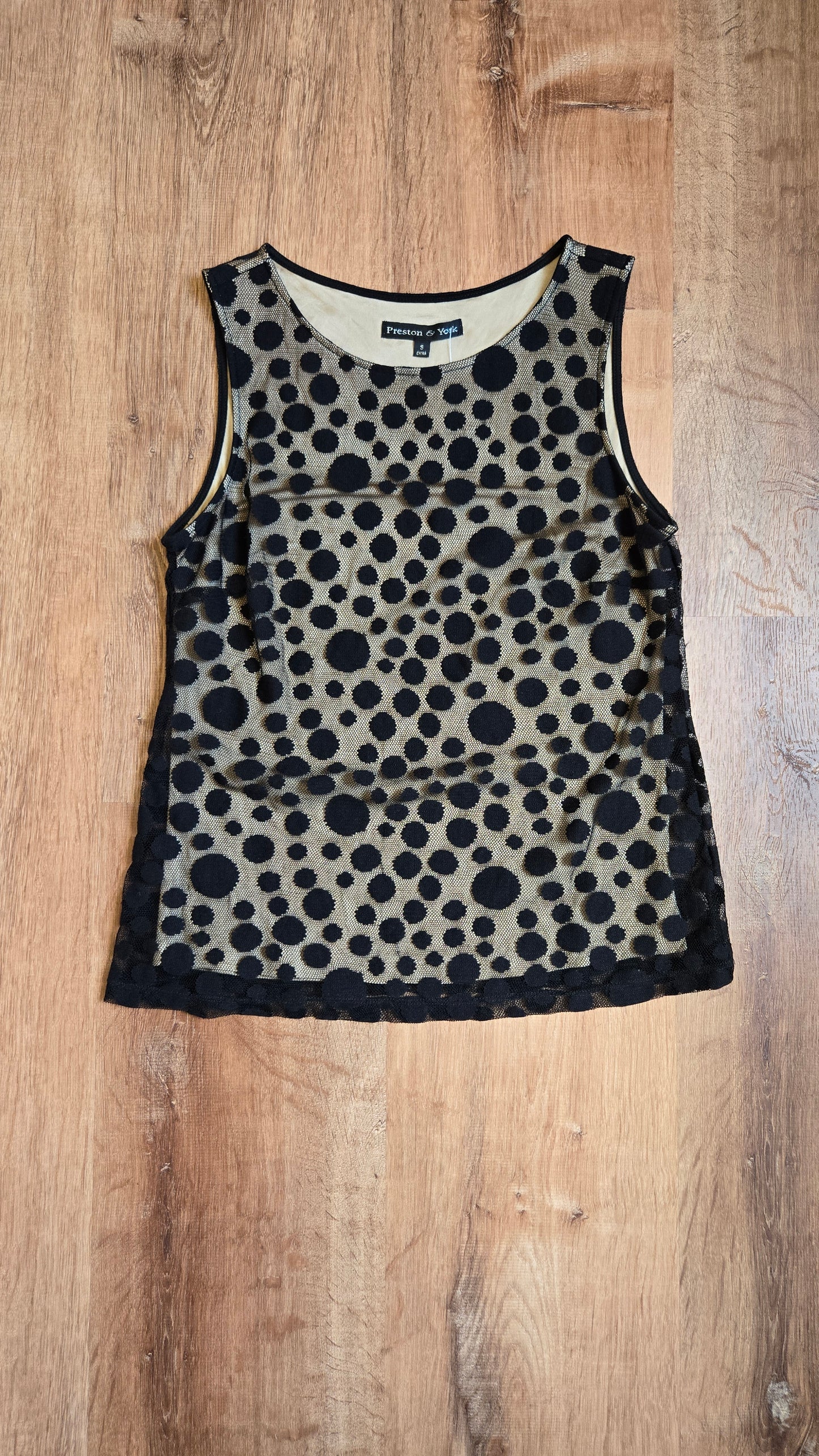 Preston & York black net polka dot top
