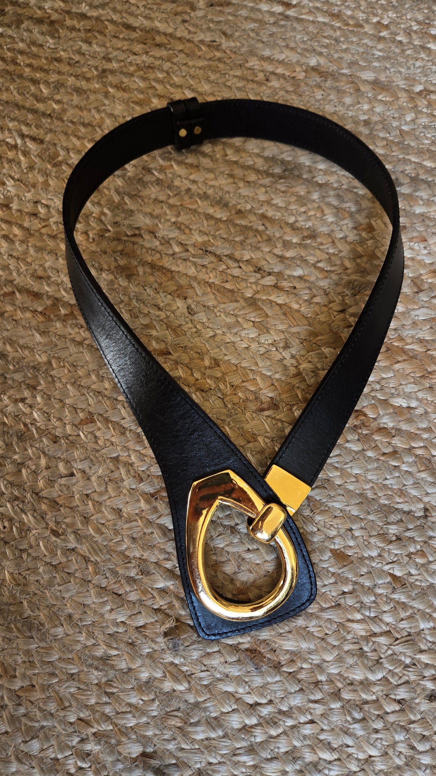 Black leather & gold metal trim hook belt