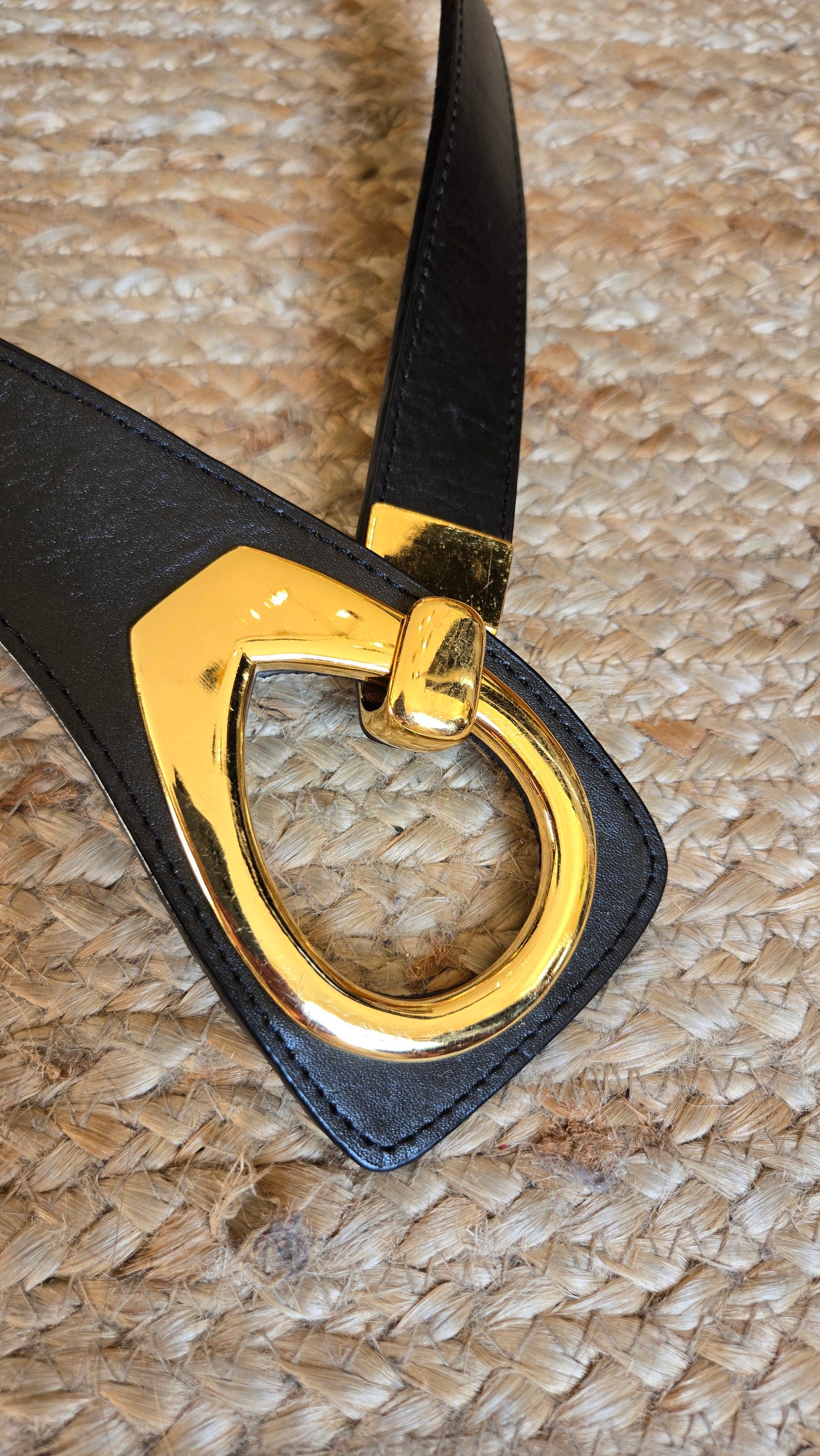 Black leather & gold metal trim hook belt
