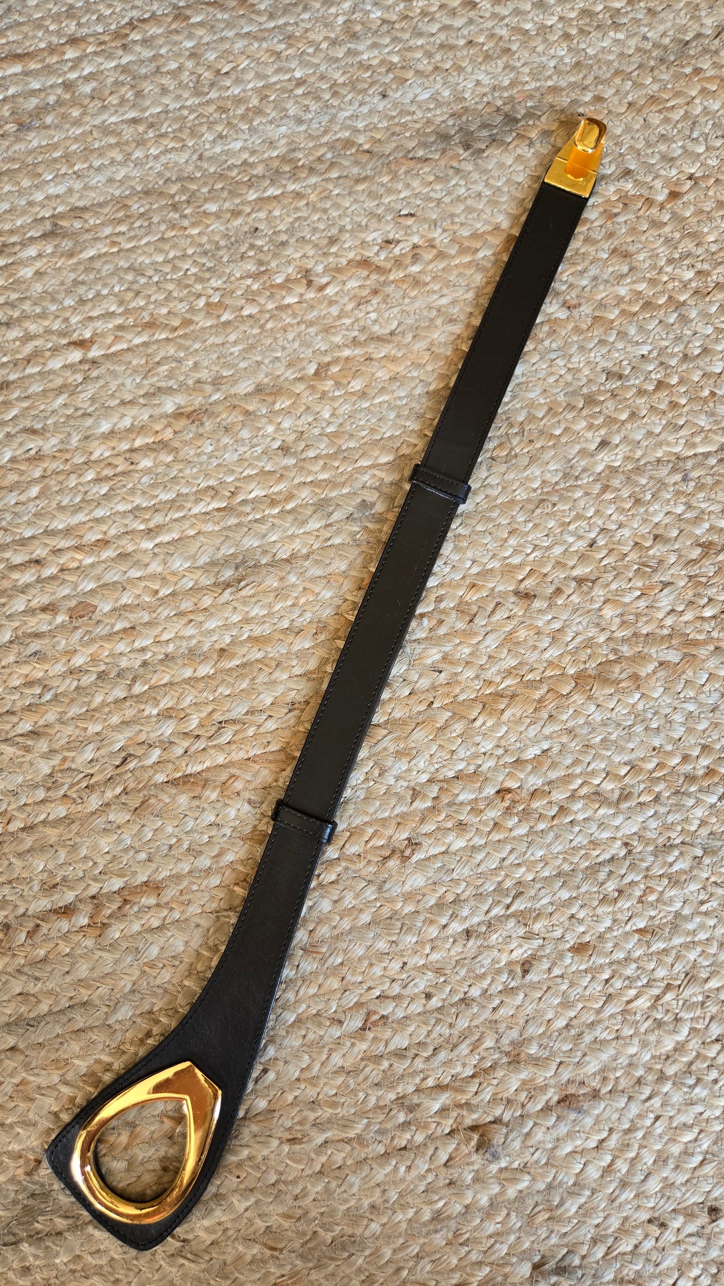 Black leather & gold metal trim hook belt