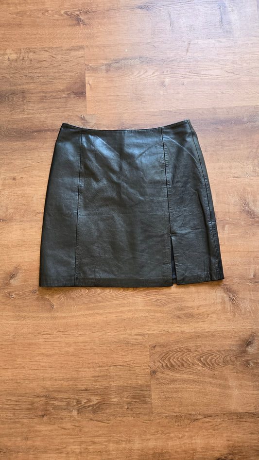 Black leather slit miniskirt
