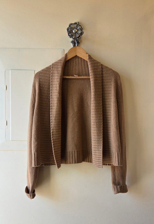 Camel shawl collar cashmere open sweater