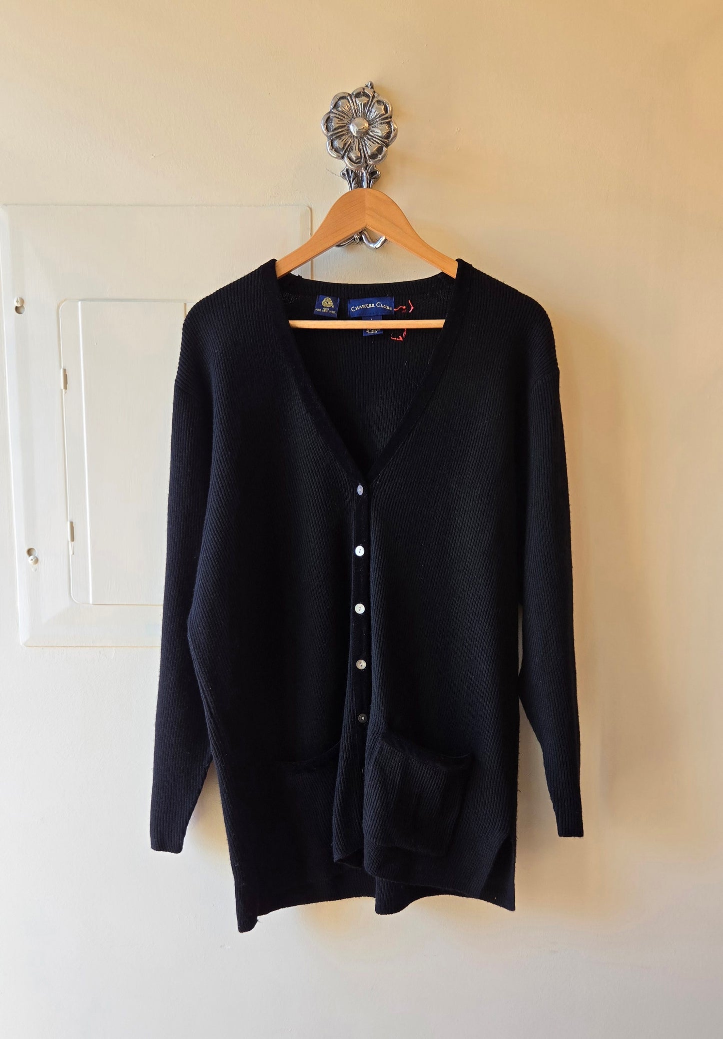 Black ribbed wool cardigan w velvet trim